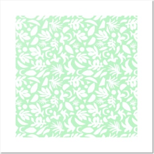 White Abstract Leaves On Mint Green Posters and Art